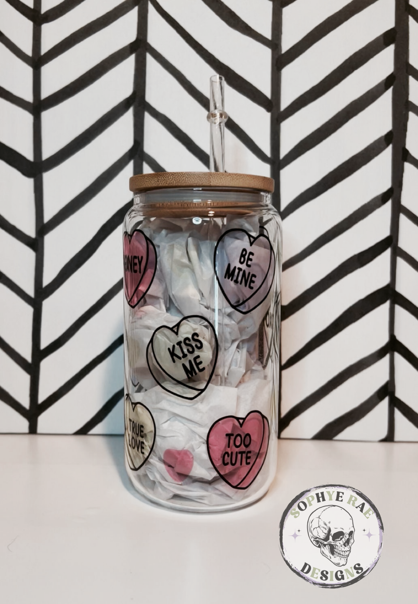 Conversation Hearts Valentines Glass Can Tumbler 16oz