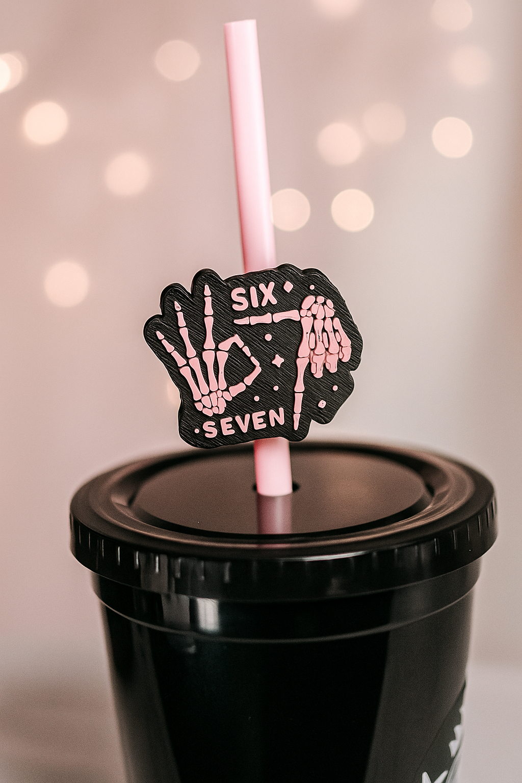 “Six Seven” Skeleton Hand Straw Topper – Black & Pink or Black & White Cup Accessory for Stanley & Standard Straws