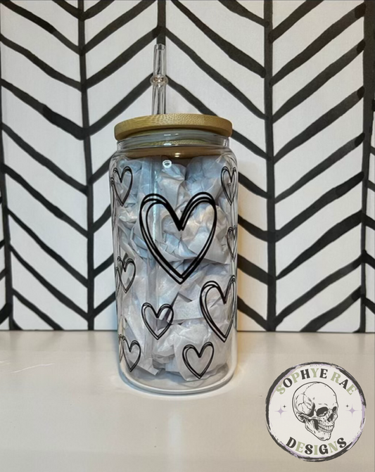 Hand Drawn Hearts Valentines Glass Can Tumbler